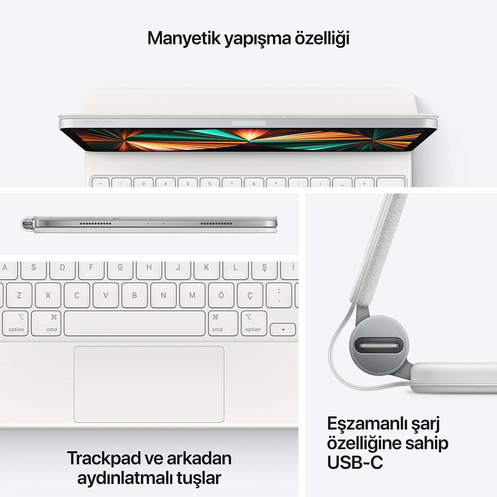 11 inç iPad Pro (3. nesil) ve iPad Air (5. nesil) için Magic Keyboard Türkçe Q Klavye Beyaz MJQJ3TQ/A