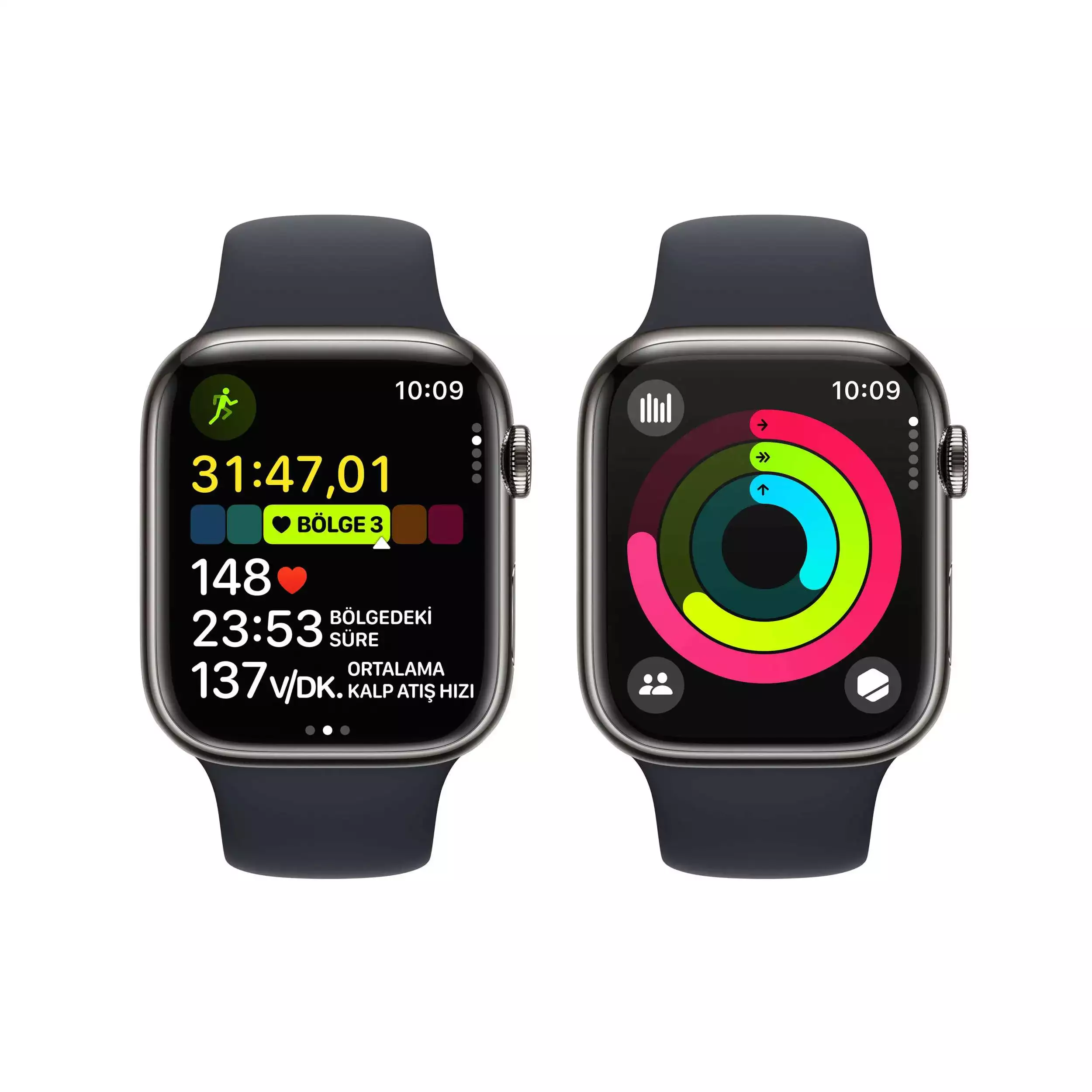 Apple Watch Series 9 GPS + Cellular 45mm Grafit Paslanmaz Çelik Kasa Gece Yarısı Spor Kordon S/M MRMV3TU/A
