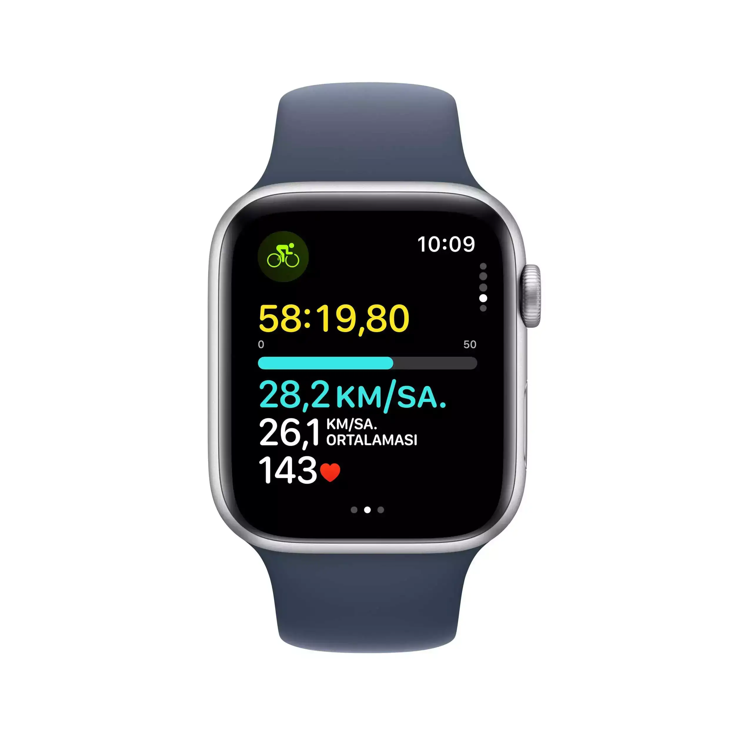 Apple Watch SE GPS 44mm Gümüş Alüminyum Kasa Fırtına Mavisi Spor Kordon M/L MREE3TU/A
