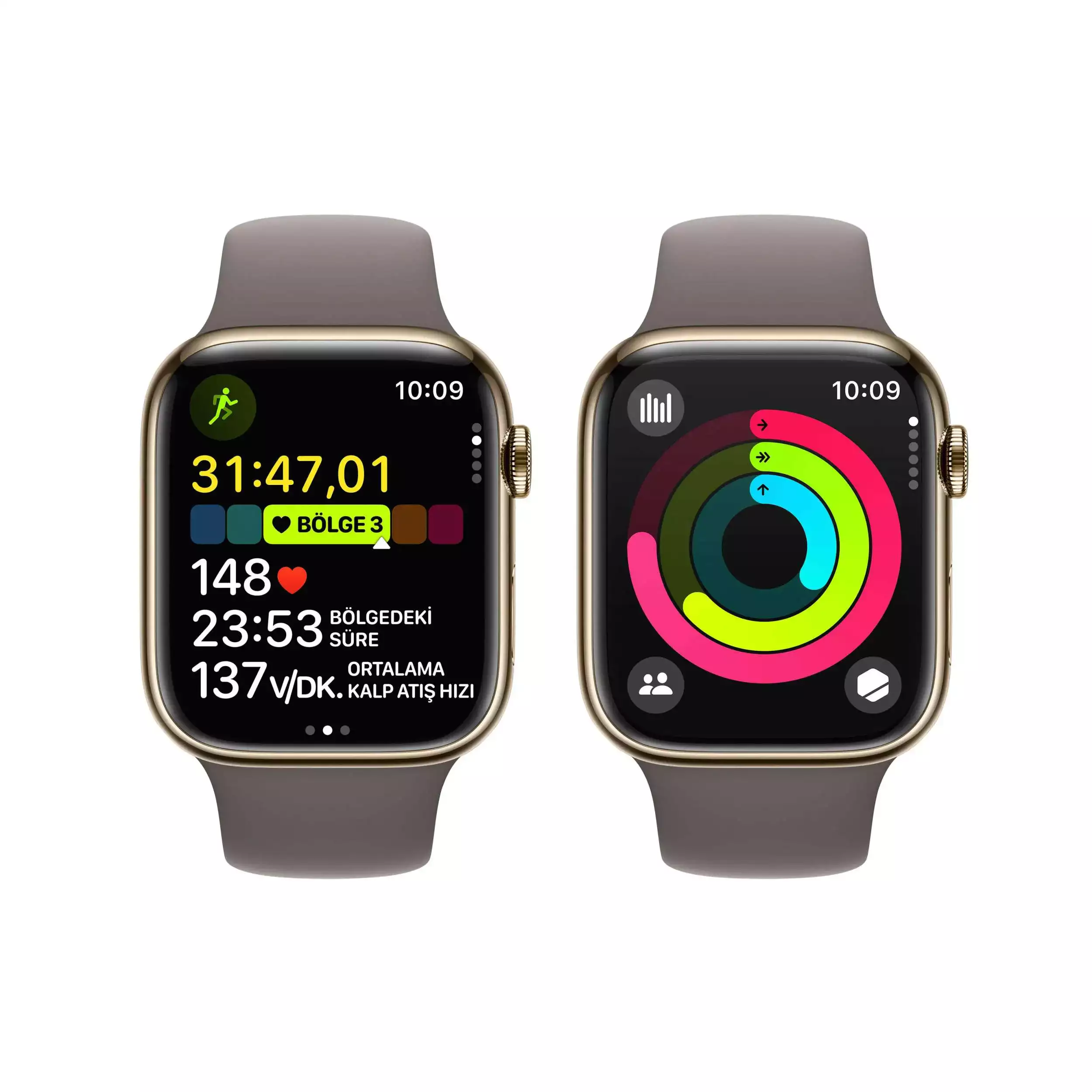 Apple Watch Series 9 GPS + Cellular 45mm Altın Paslanmaz Çelik Kasa Kil Spor Kordon M/L MRMT3TU/A