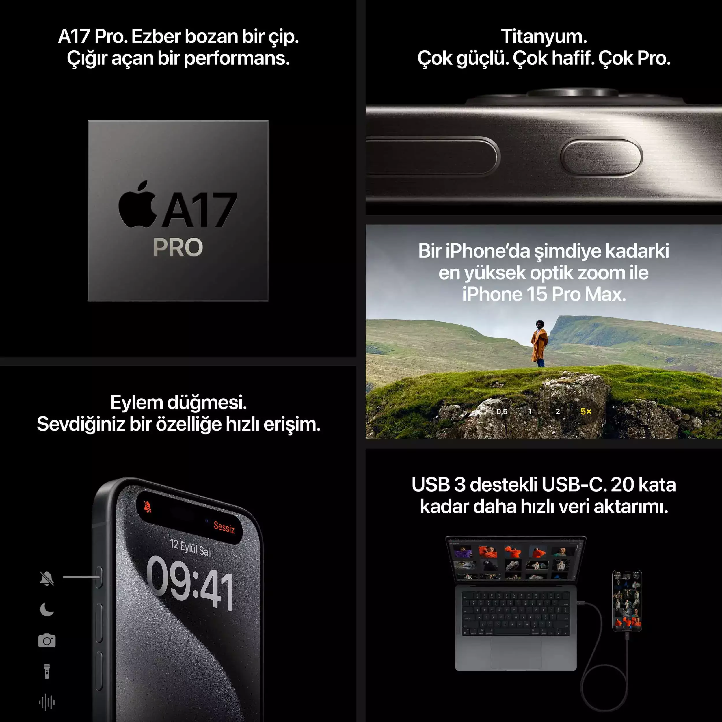 iPhone 15 Pro 256GB Siyah Titanyum MTV13TU/A