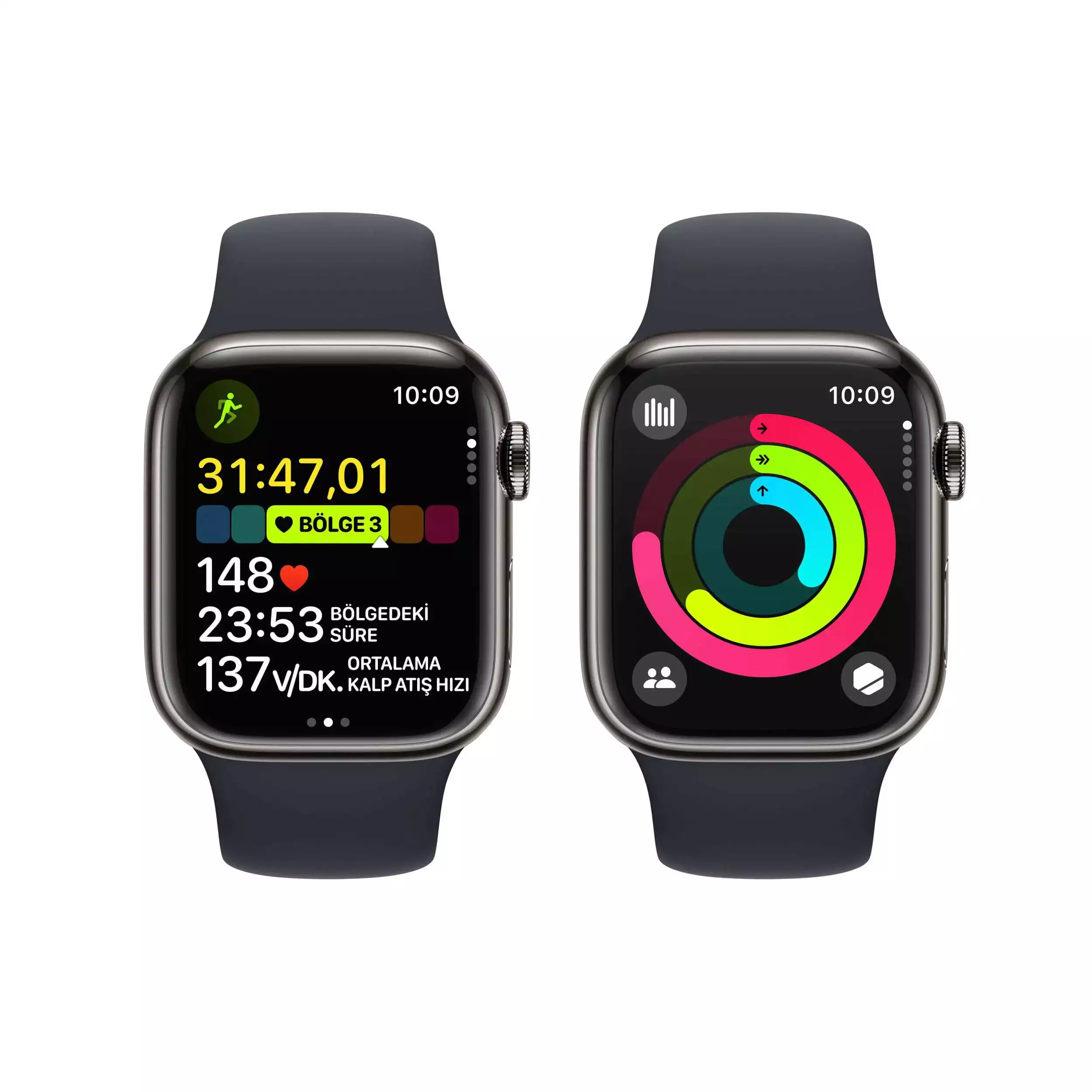 Apple Watch Series 9 GPS + Cellular 41mm Grafit Paslanmaz Çelik Kasa Gece Yarısı Spor Kordon S/M MRJ83TU/A