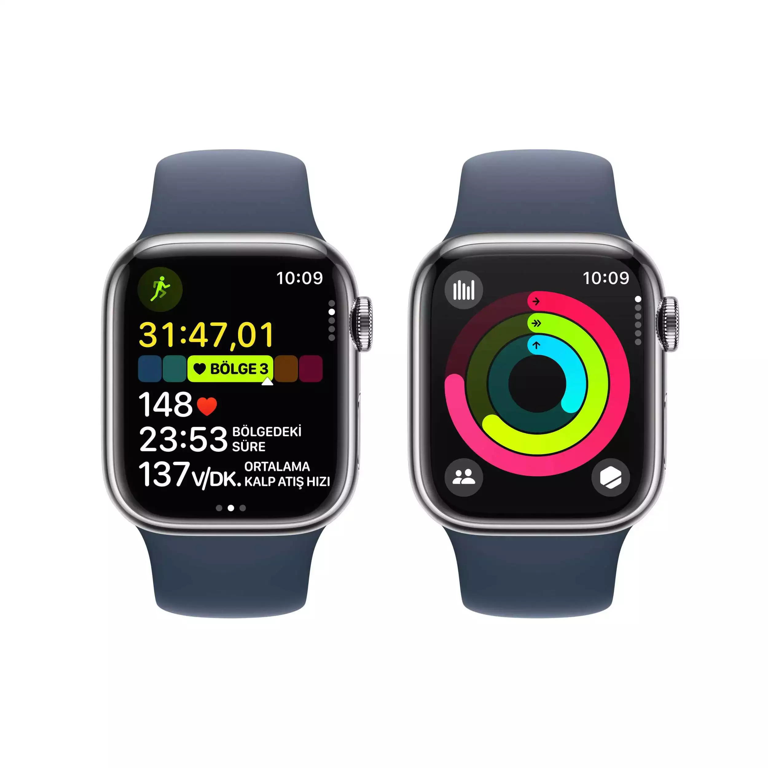 Apple Watch Series 9 GPS + Cellular 41mm Gümüş Paslanmaz Çelik Kasa Fırtına Mavisi Spor Kordon M/L MRJ33TU/A