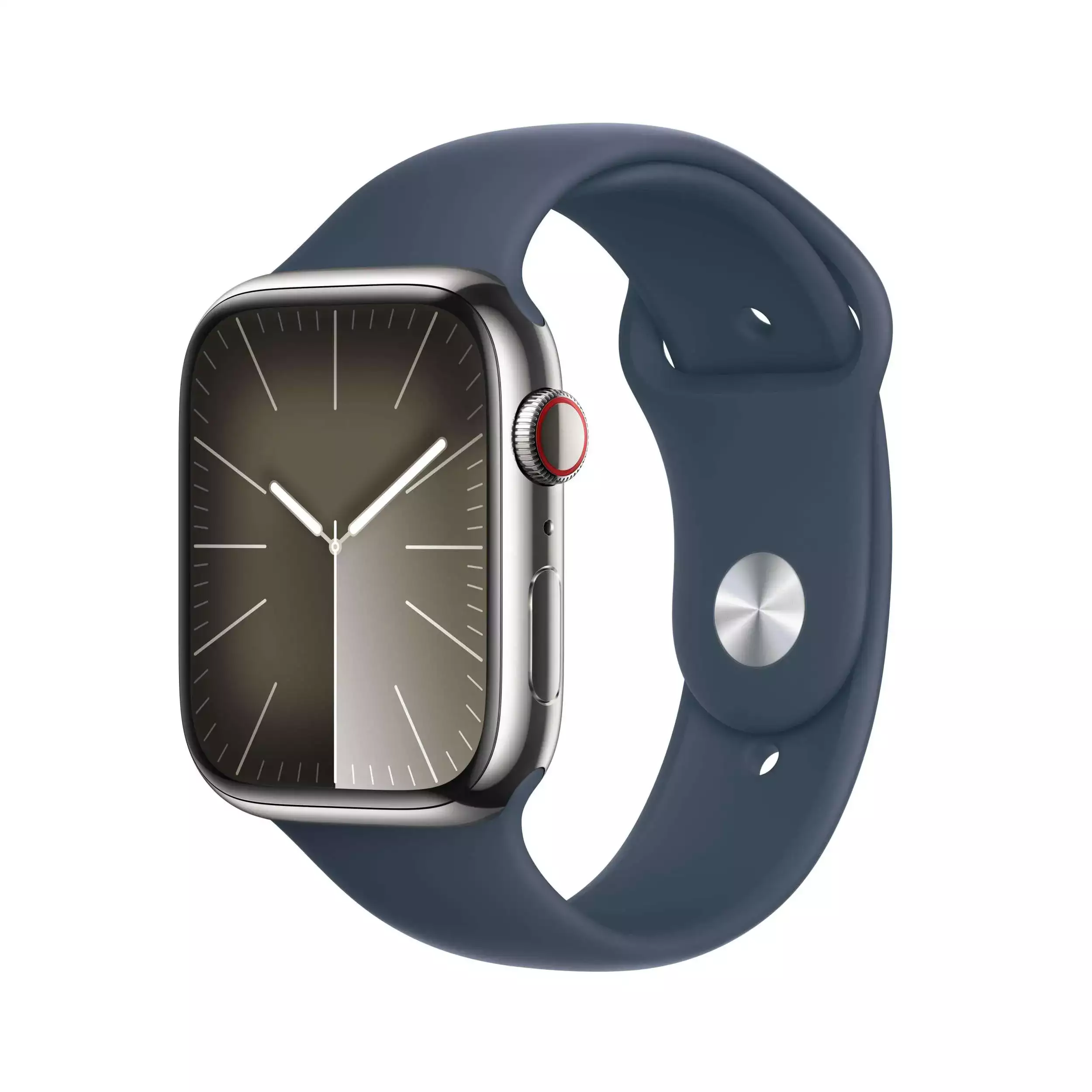 Apple Watch Series 9 GPS + Cellular 45mm Gümüş Paslanmaz Çelik Kasa Fırtına Mavisi Spor Kordon M/L MRMP3TU/A