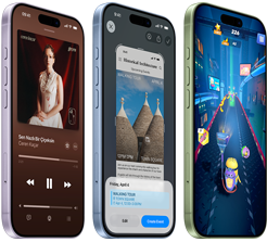 iPhone 17 aygıtları, arkadan dış görünüm, yandan dış görünüm, Apple Music, Görsel zeka, oyun ekranları gösteriliyor, düğmeler: Eylem düğmesi, ses düğmesi