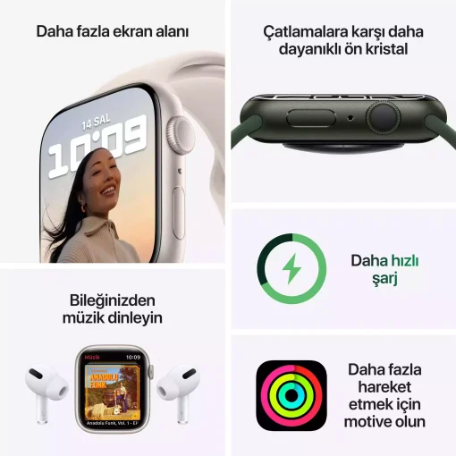 Apple Watch Series 7 GPS 41mm Yeşil Alüminyum Kasa - Yonca Spor Kordon MKN03TU/A-Teşhir -2