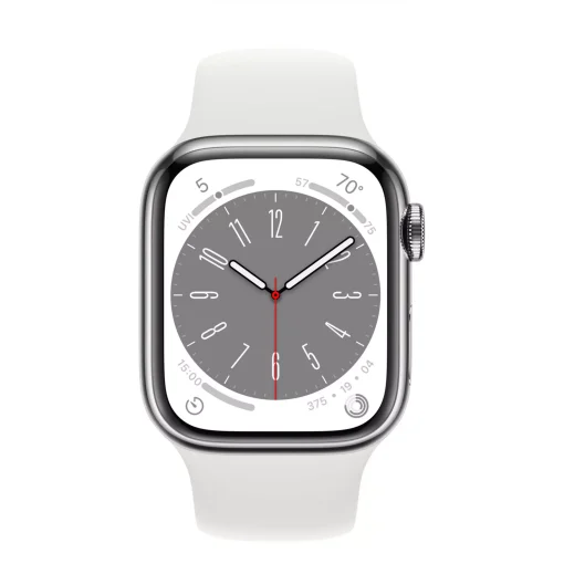 Apple Watch Series 8 Cellular 45mm Gümüş Paslanmaz Çelik Kasa - Beyaz Spor Kordon
