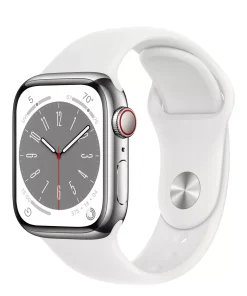 Apple Watch Series 8 Cellular 45mm Gümüş Paslanmaz Çelik Kasa - Beyaz Spor Kordon Yan Tasarım
