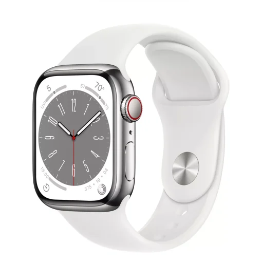 Apple Watch Series 8 Cellular 45mm Gümüş Paslanmaz Çelik Kasa - Beyaz Spor Kordon Yan Tasarım