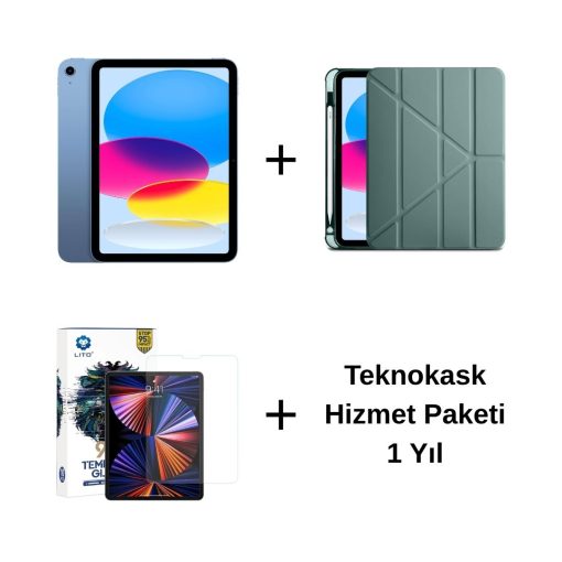 Edu Set 1 iPad A16 Mavi Zore Koyu Yeşil Kılıf Lito Ekran Koruyucu ve 1 Yıl Teknokask