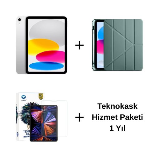 Edu Set 1 iPad A16 Gümüş, Zore Koyu Yeşil Kılıf, Lito Ekran Koruyucu ve 1 Yıl Teknokask