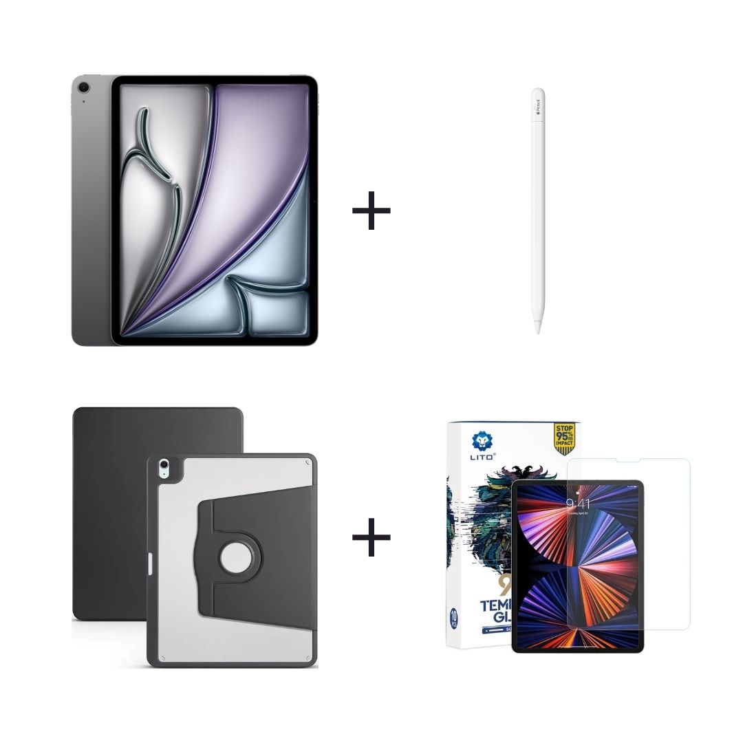 iPad Air 13 inç M3 Wi-Fi Uzay Grisi, Apple Pencil USB-C, Siyah Kılıf, Ekran Koruma Bundle