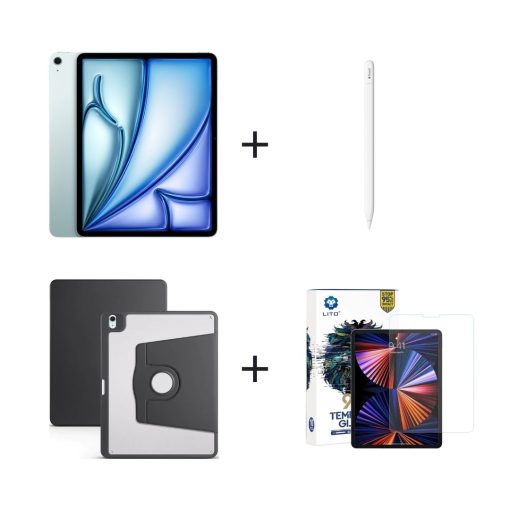 iPad Air 13 inç M3 Wi-Fi Mavi, Apple Pencil USB-C, Siyah Kılıf, Ekran Koruma Bundle