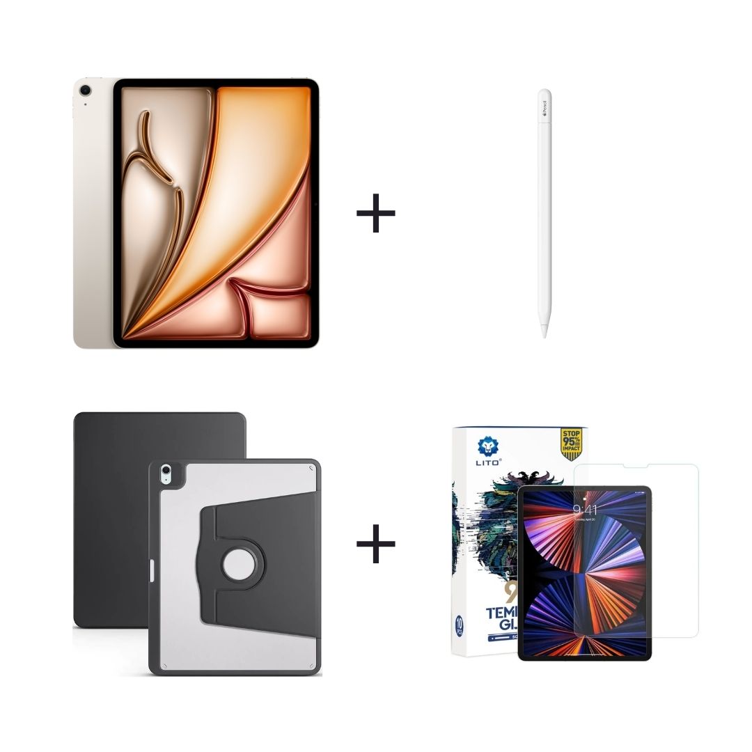 iPad Air 13 inç M3 Wi-Fi Yıldız Işığı, Apple Pencil USB-C, Siyah Kılıf, Ekran Koruma Bundle