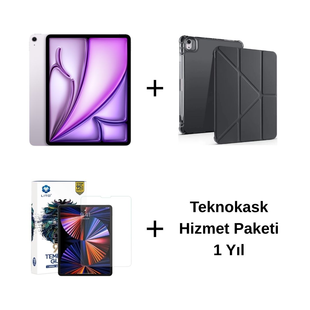 Edu Set 2 iPad Air M3 Mor Zore Siyah Kılıf Lito Ekran Koruyucu Teknokask 1 Yıl