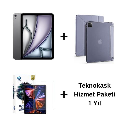 Edu Set 2 iPad Air M3 Uzay Grisi Zore Mor Kılıf Lito Ekran Koruyucu Teknokask 1 Yıl