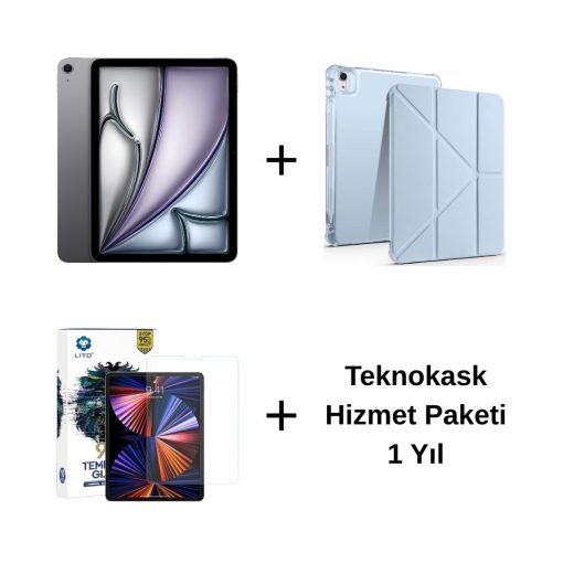 Edu Set 2 iPad Air M3 Uzay Grisi Zore Mavi Kılıf Lito Ekran Koruyucu Teknokask 1 Yıl