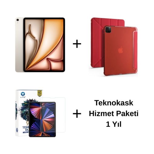 Edu Set 2 iPad Air M3 Yıldız Işığı Zore Kırmızı Kılıf Lito Ekran Koruyucu Teknokask 1 Yıl