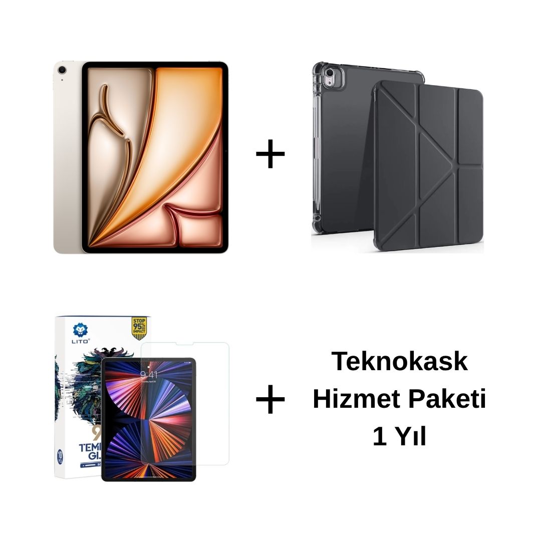 Edu Set 2 iPad Air M3 Yıldız Işığı Zore Siyah Kılıf Lito Ekran Koruyucu Teknokask 1 Yıl