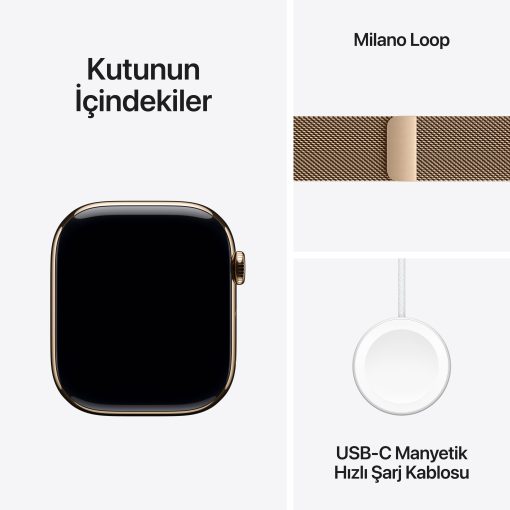 Apple Watch Series 11 GPS + Cellular Altın Titanyum Milano Loop Kutu İçeriği