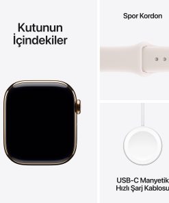Apple Watch Series 11 GPS + Cellular Altın Titanyum Spor Kordon Kutu İçeriği