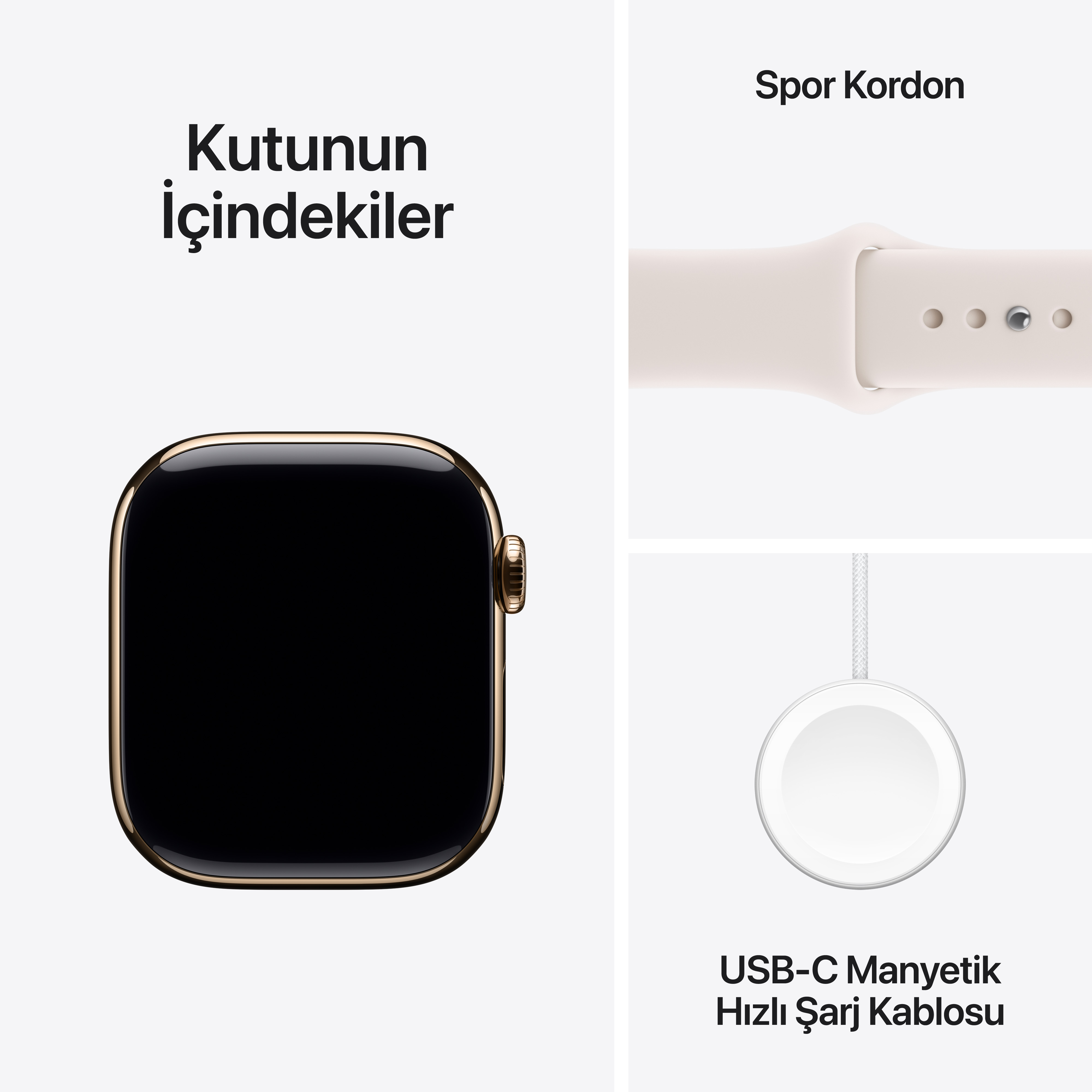 Apple Watch Series 11 GPS + Cellular Altın Titanyum Spor Kordon Kutu İçeriği