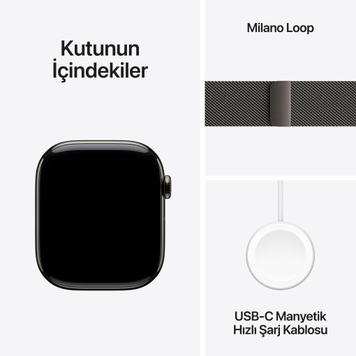 Apple Watch Series 11 GPS + Cellular Arduvaz Titanyum Milano Loop Kutu İçeriği