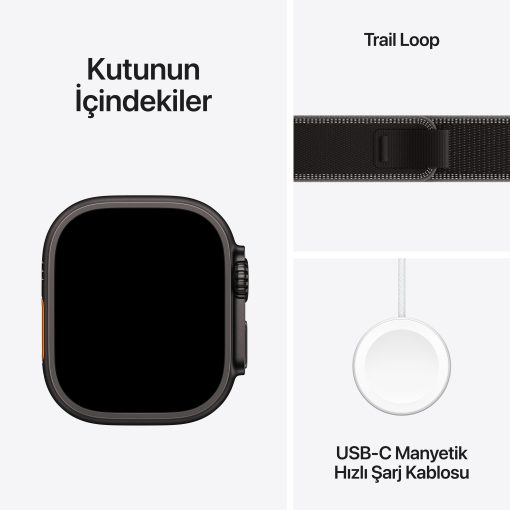 Apple Watch Ultra 3 Siyah Titanyum Trail Loop Kutu İçeriği