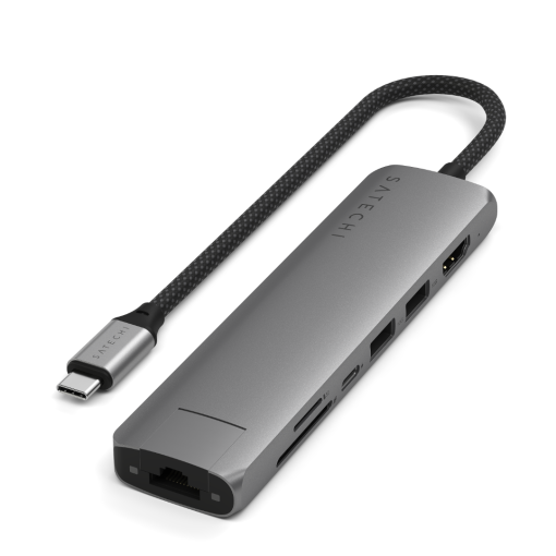 Satechi 7 in 1 USB-C Slim Multiport Adaptör Ethernet Uzay Grisi ST-P7SM Portlar