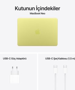 Macbook Neo 13 inç A18 Pro Puslu Sarı Kutu İçeriği