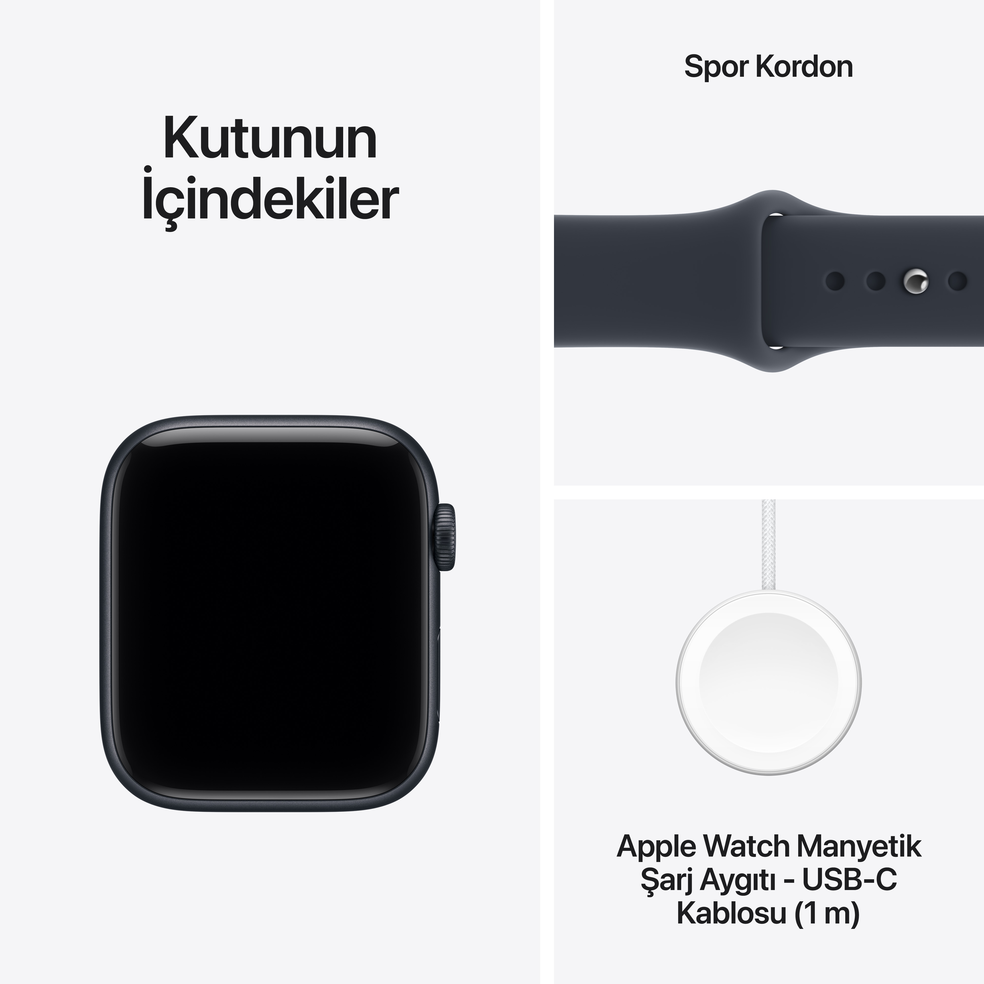 Apple Watch SE 3 Gece Yarısı Alüminyum Kasa Lacivert Spor Kordon Kutu İçeriği