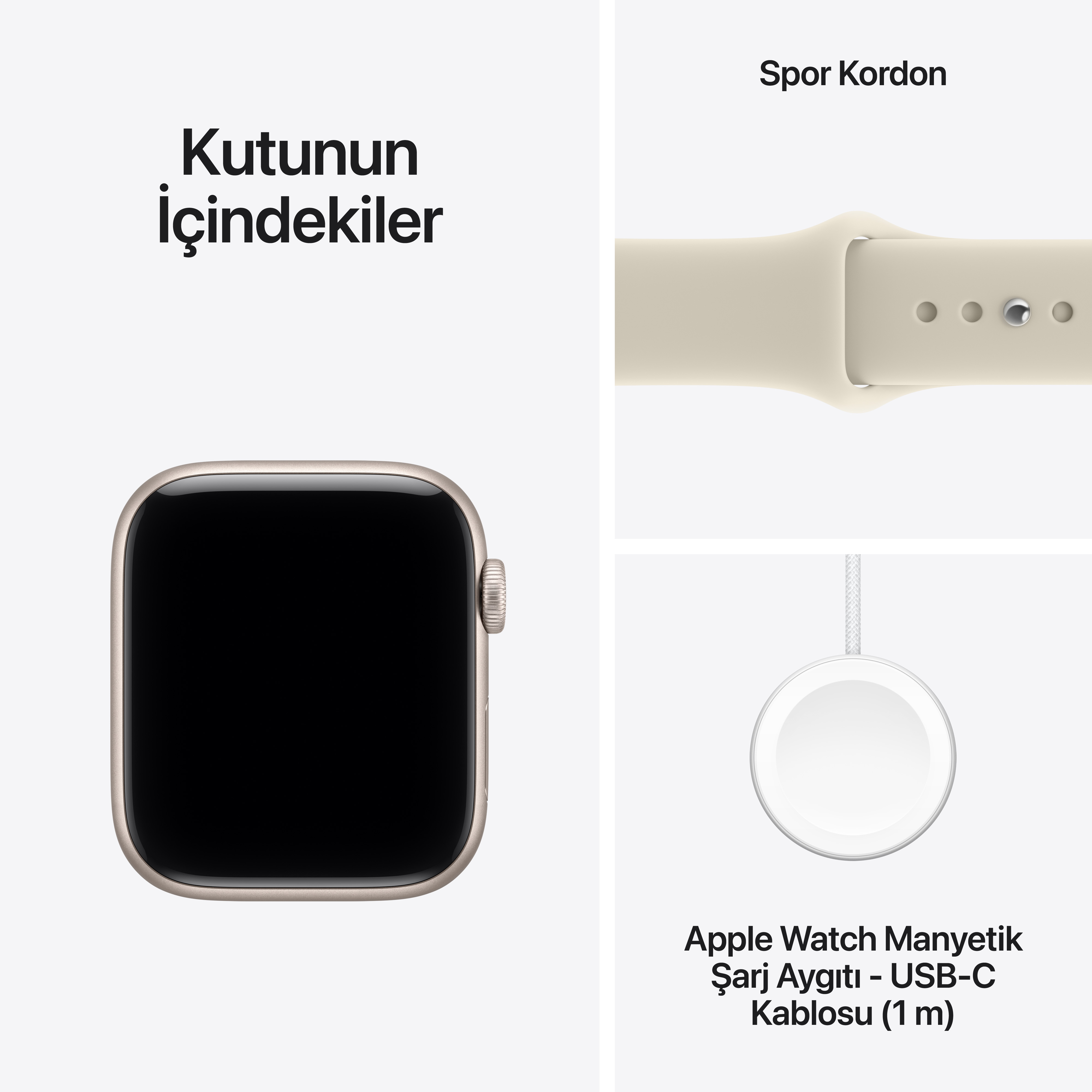 Apple Watch SE 3 Yıldız Işığı Alüminyum Kasa Kum Beji Spor Kordon Kutu İçeriği