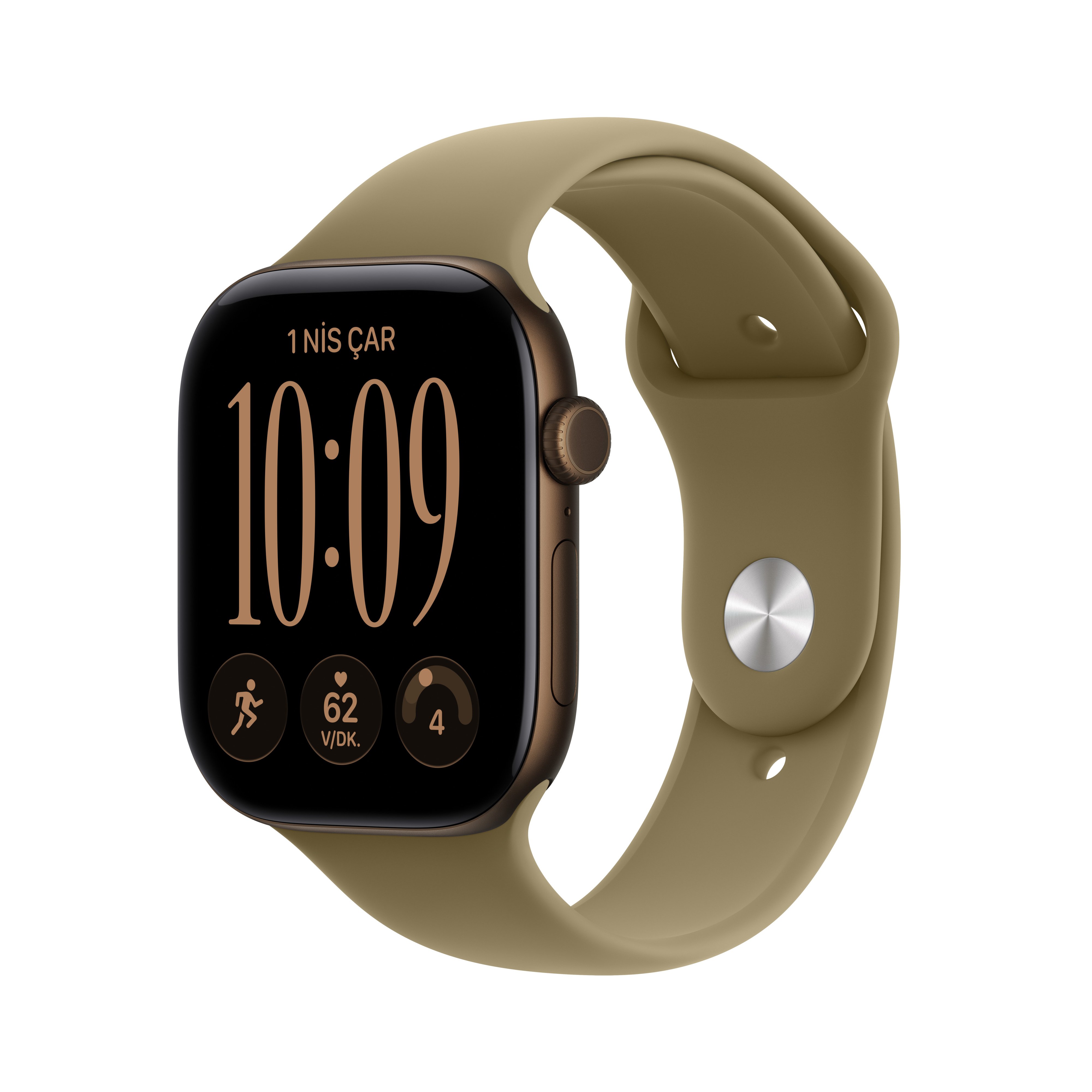 Apple Watch Series 12 GPS 46mm Koyu Bronz Alüminyum Kasa Klasik Zeytin Yeşili Spor Kordon S/M MJEQ4TU/A