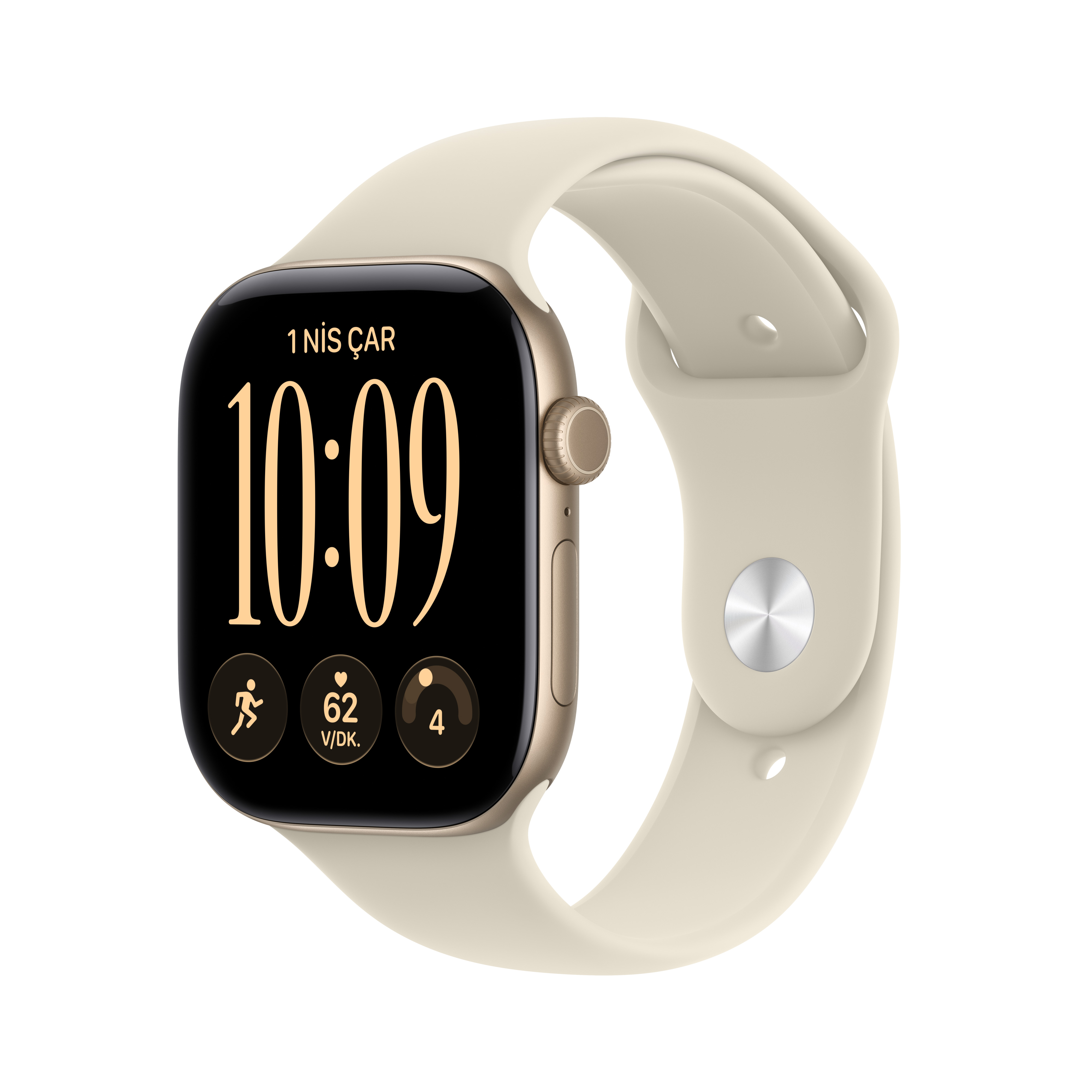 Apple Watch Series 12 GPS 46mm Uçuk Altın Rengi Alüminyum Kasa Kum Beji Spor Kordon S/M MJEN4TU/A
