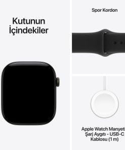 Apple Watch Series 12 Siyah Alüminyum Kasa Siyah Spor Kordon Kutu İçeriği