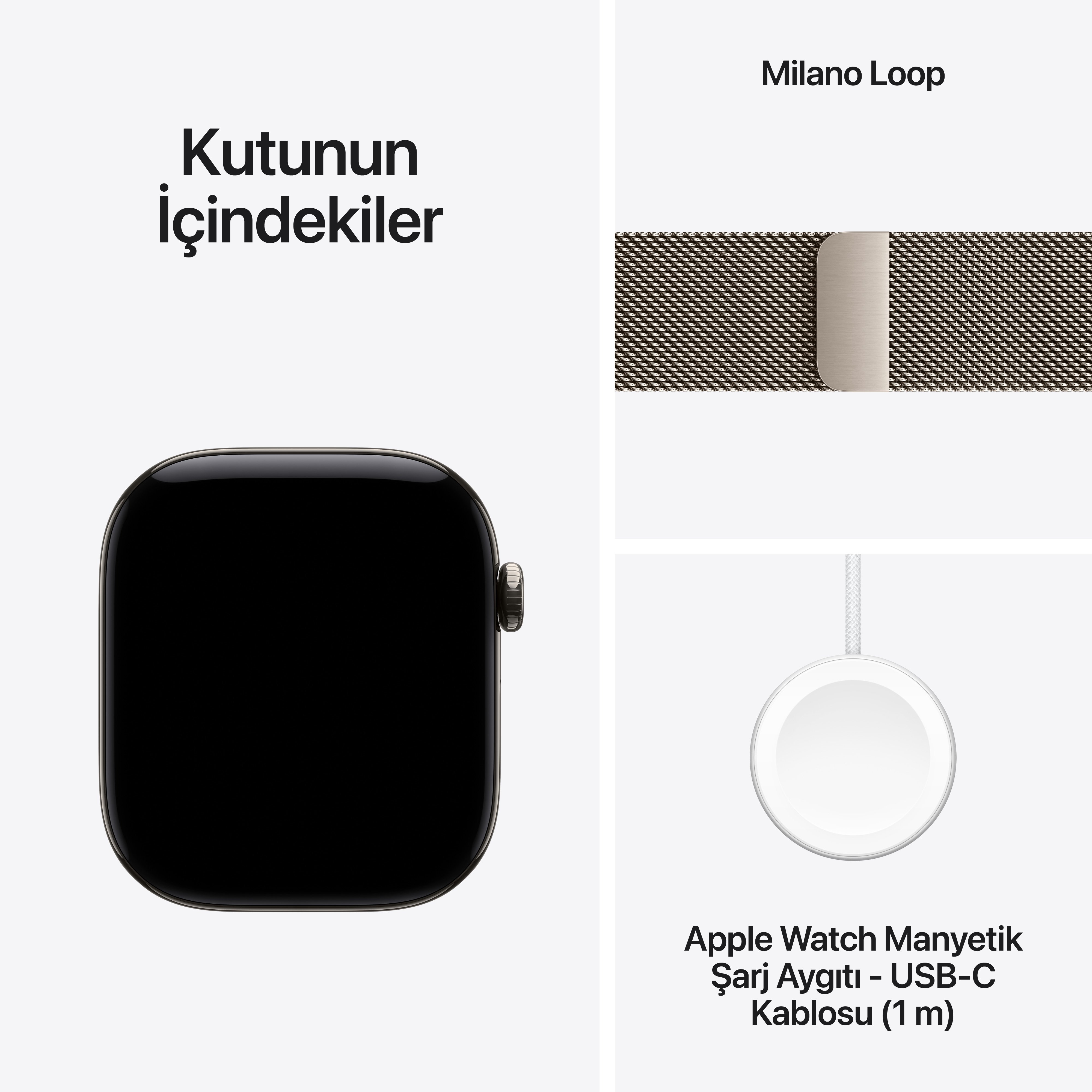 Apple Watch Series 12 Natürel Titanyum Kasa Natürel Milano Loop Kutu İçeriği