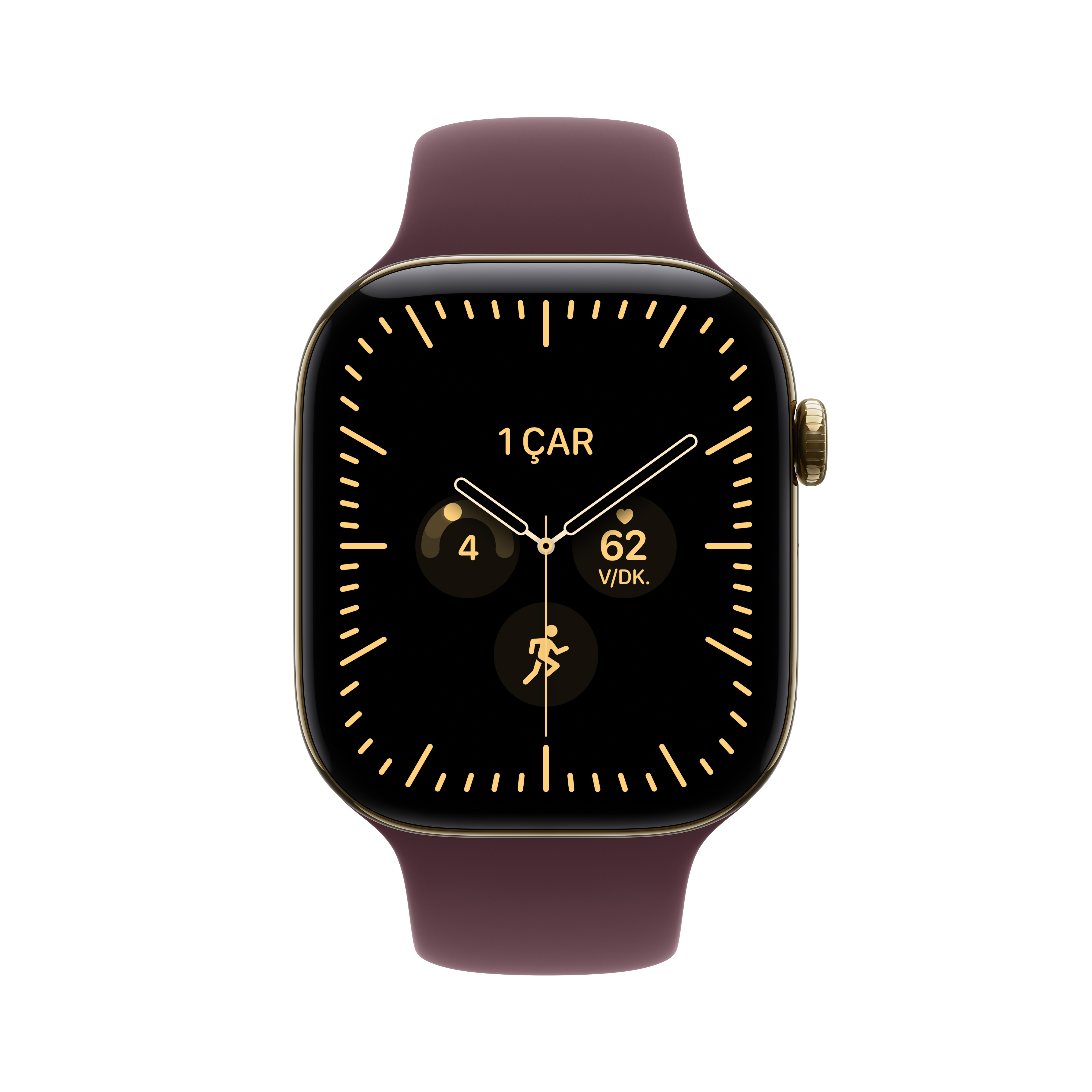 Apple Watch Series 12 Parlak Altın Rengi Titanyum Kasa Burgonya Spor Kordon Ekran
