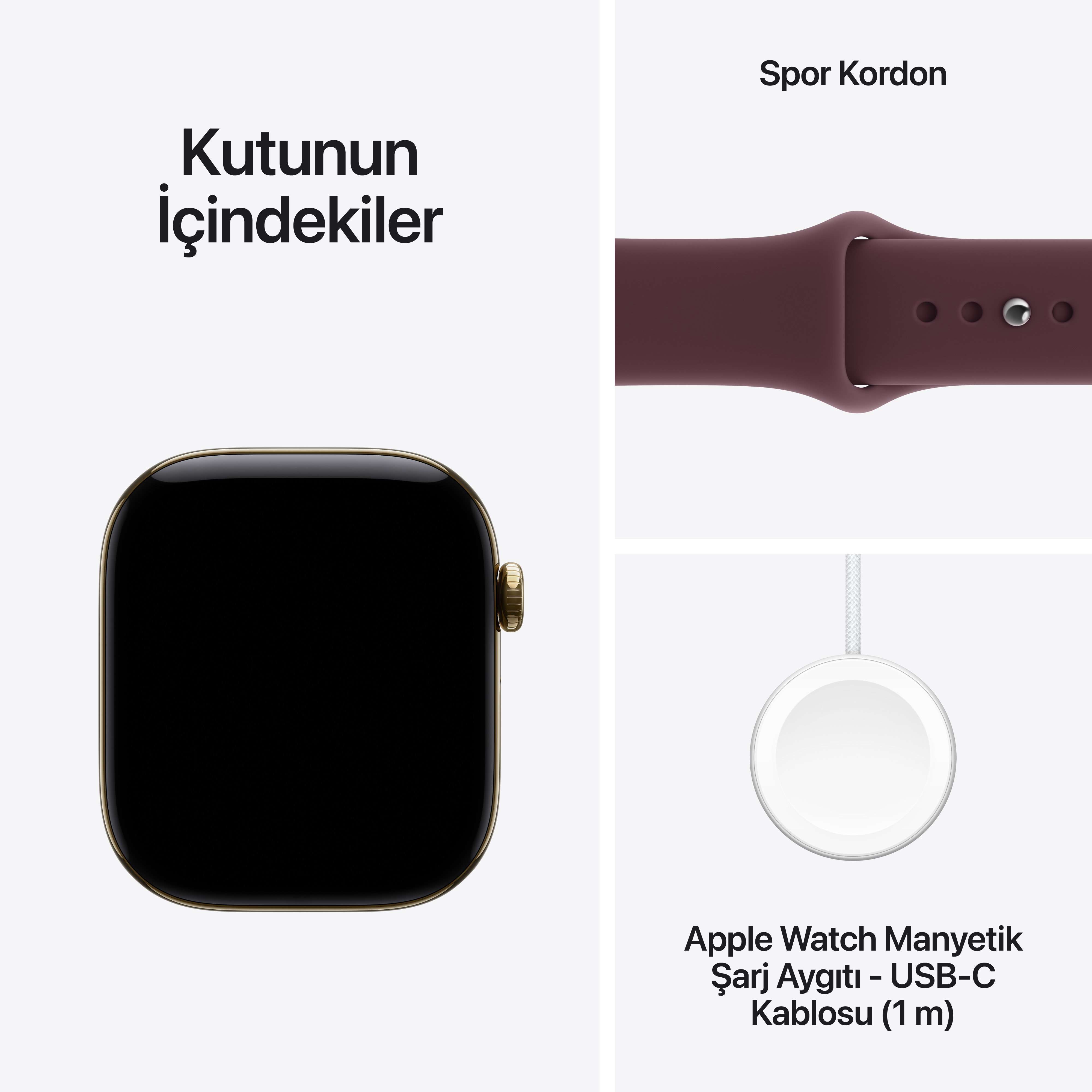 Apple Watch Series 12 Parlak Altın Rengi Titanyum Kasa Burgonya Spor Kordon Kutu İçeriği