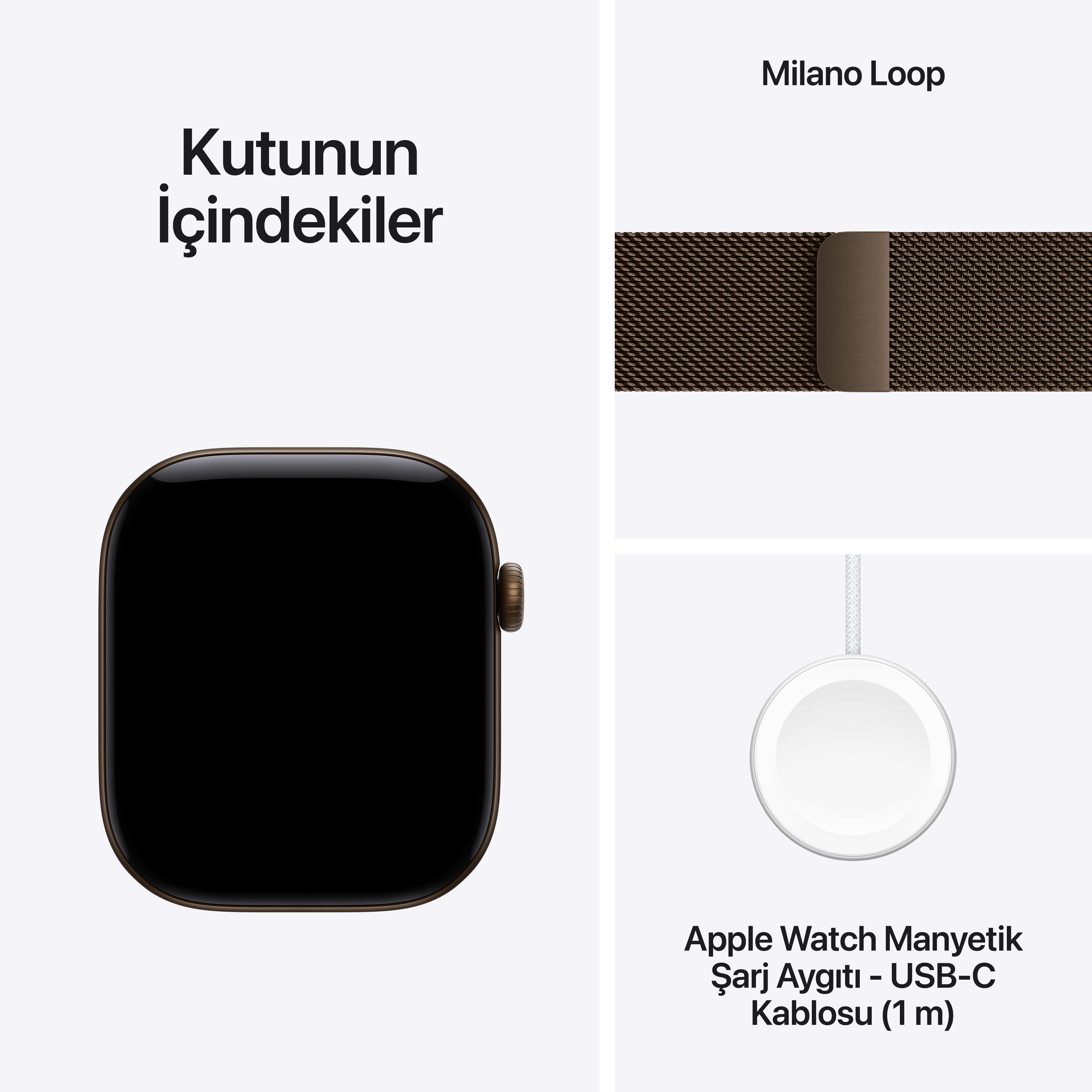 Apple Watch Series 12 Koyu Bronz Alüminyum Kasa Koyu Bronz Milano Loop Kutu İçeriği