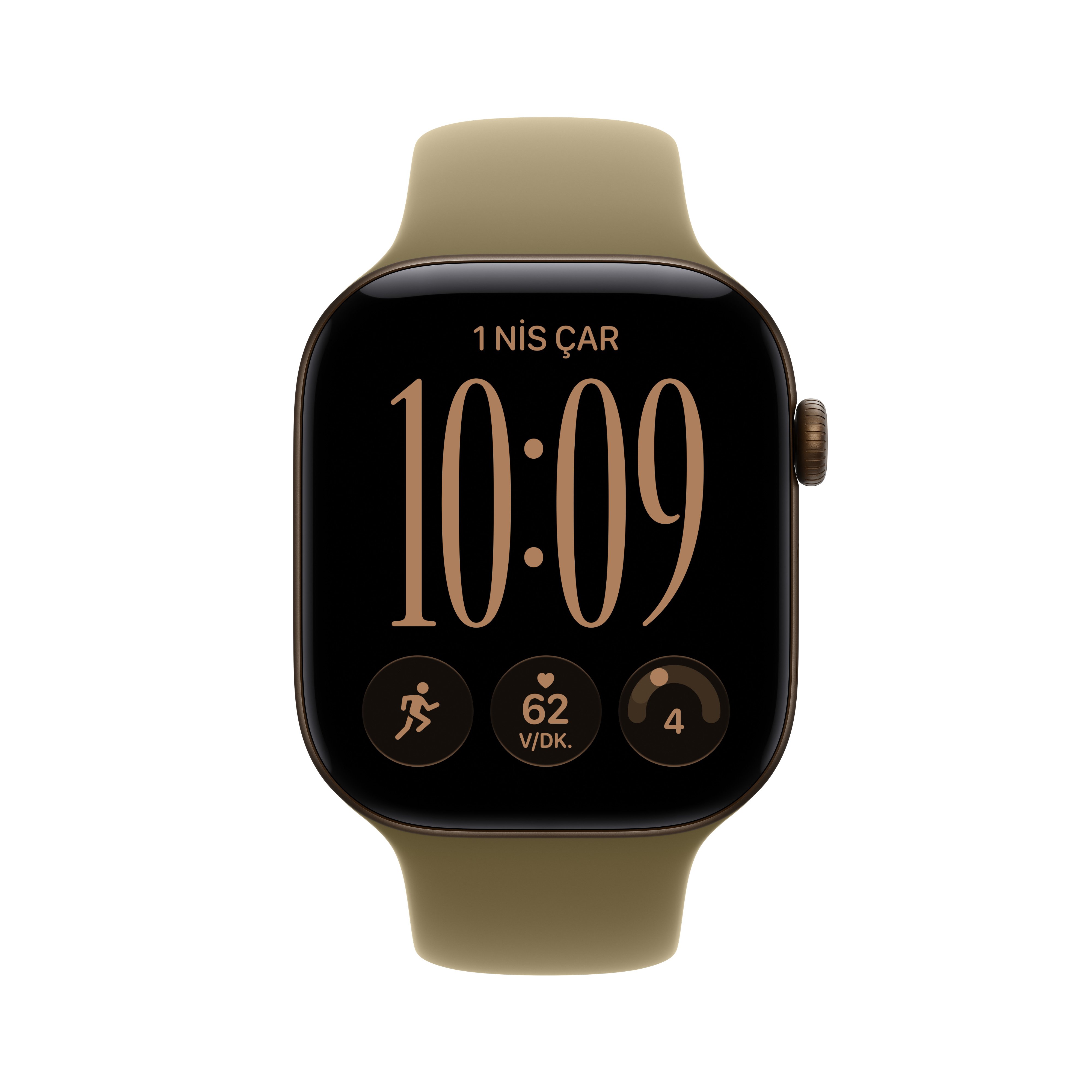Apple Watch Series 12 Koyu Bronz Alüminyum Kasa Klasik Zeytin Yeşili Spor Kordon Ekran