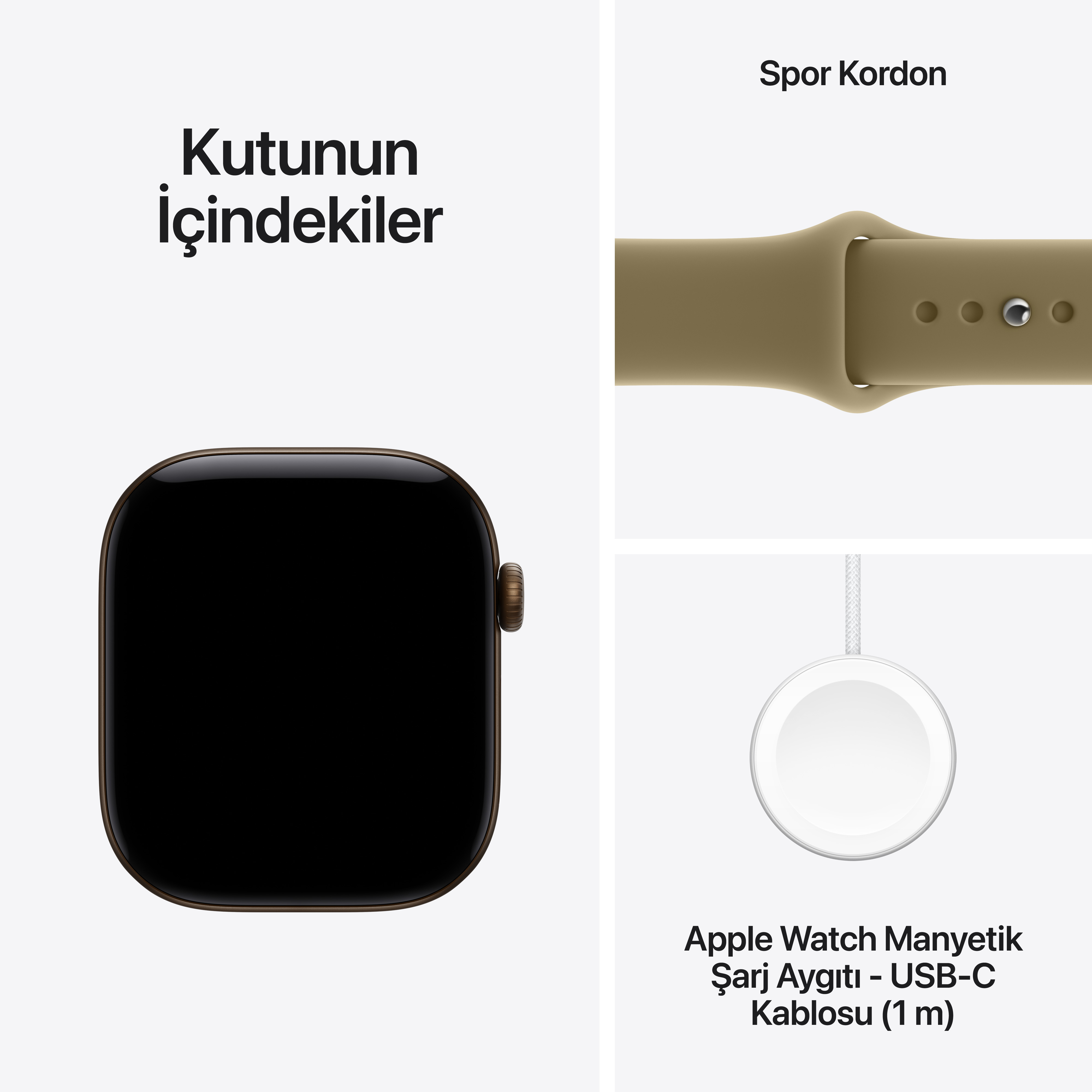 Apple Watch Series 12 Koyu Bronz Alüminyum Kasa Klasik Zeytin Yeşili Spor Kordon Kutu İçeriği
