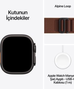 Apple Watch Ultra 4 GPS + Cellular 49mm Siyah Titanyum Kasa Burgonya Alpine Loop Kutu İçeriği