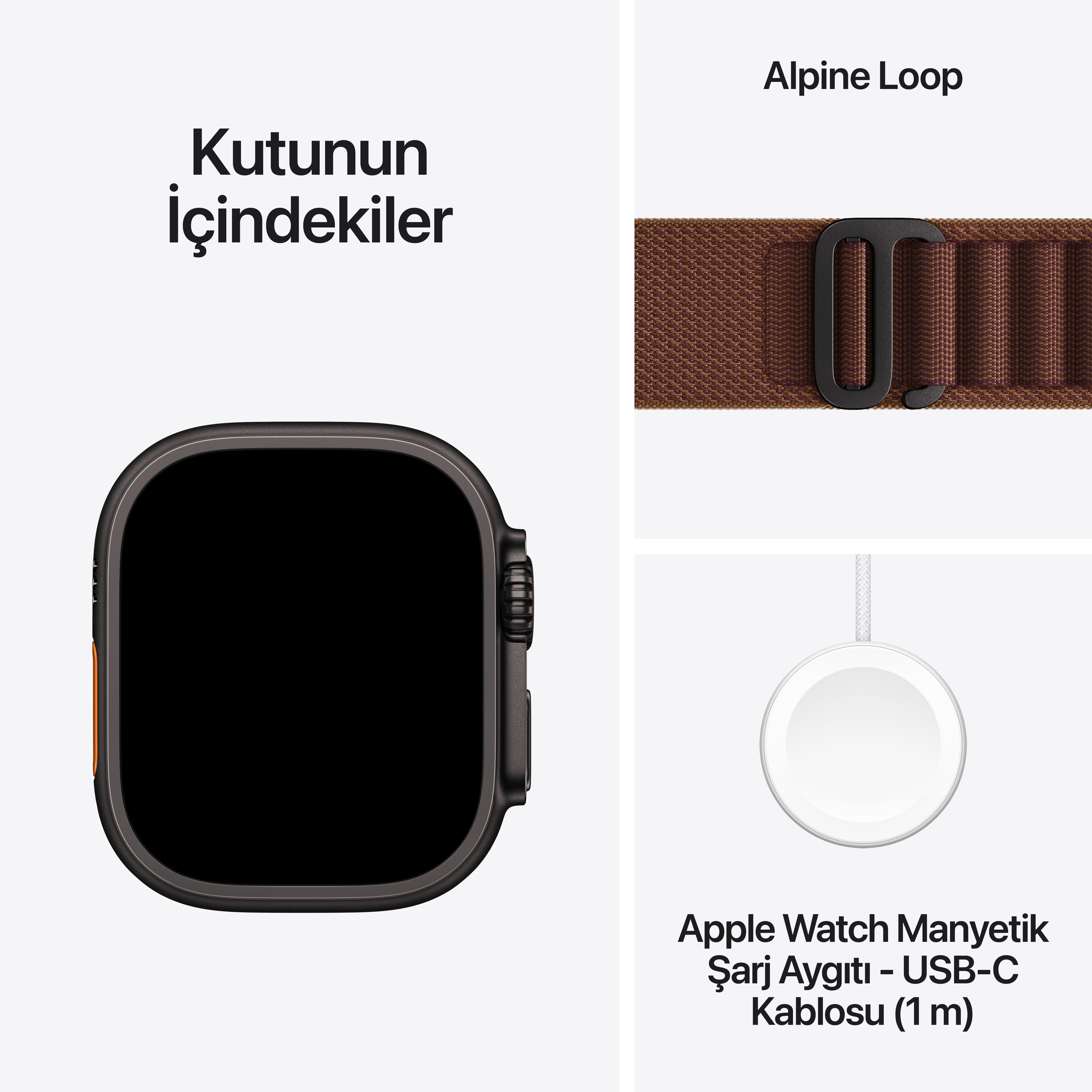 Apple Watch Ultra 4 GPS + Cellular 49mm Siyah Titanyum Kasa Burgonya Alpine Loop Kutu İçeriği