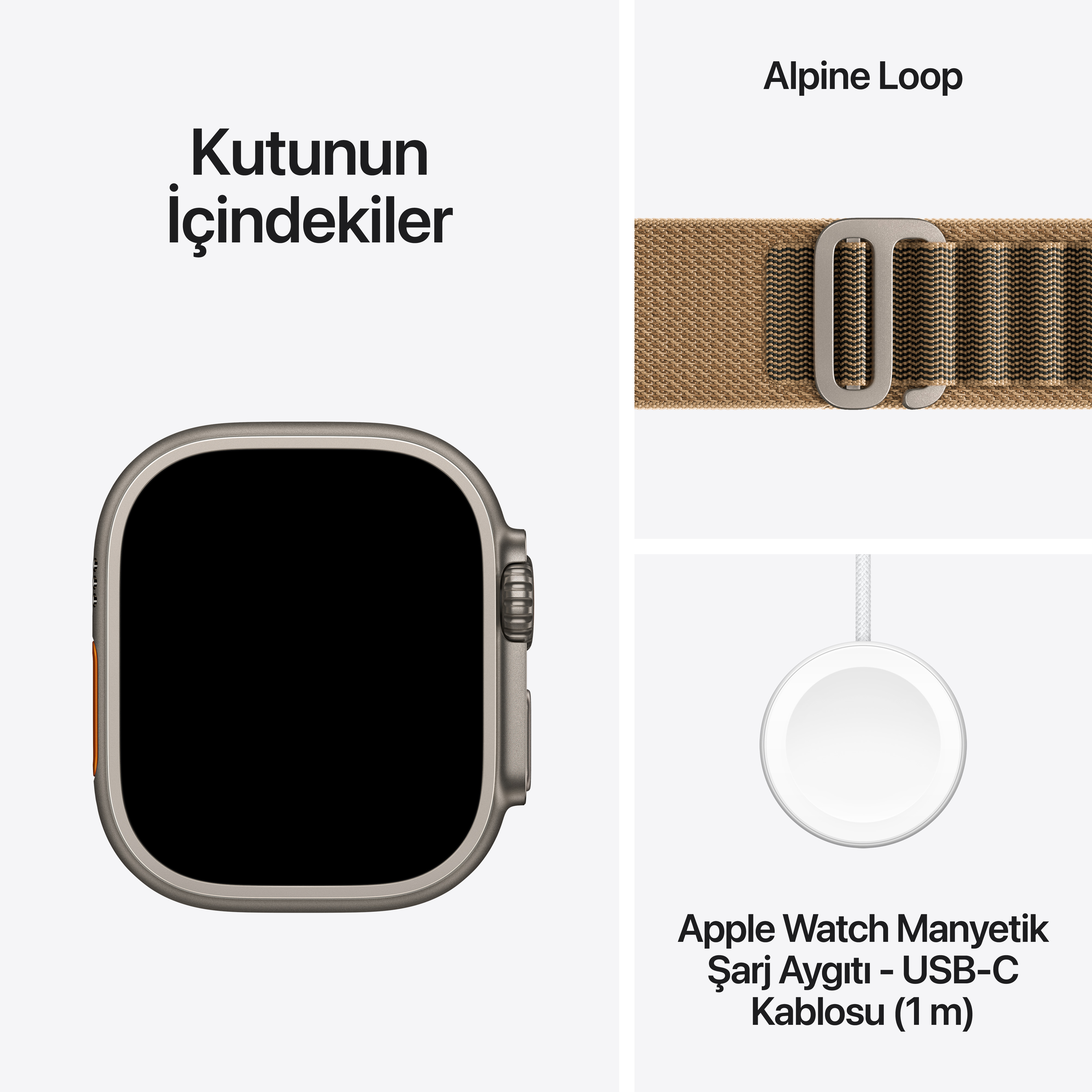 Apple Watch Ultra 4 GPS + Cellular 49mm Natürel Titanyum Kasa Çöl Rengi Alpine Loop Kutu İçeriği