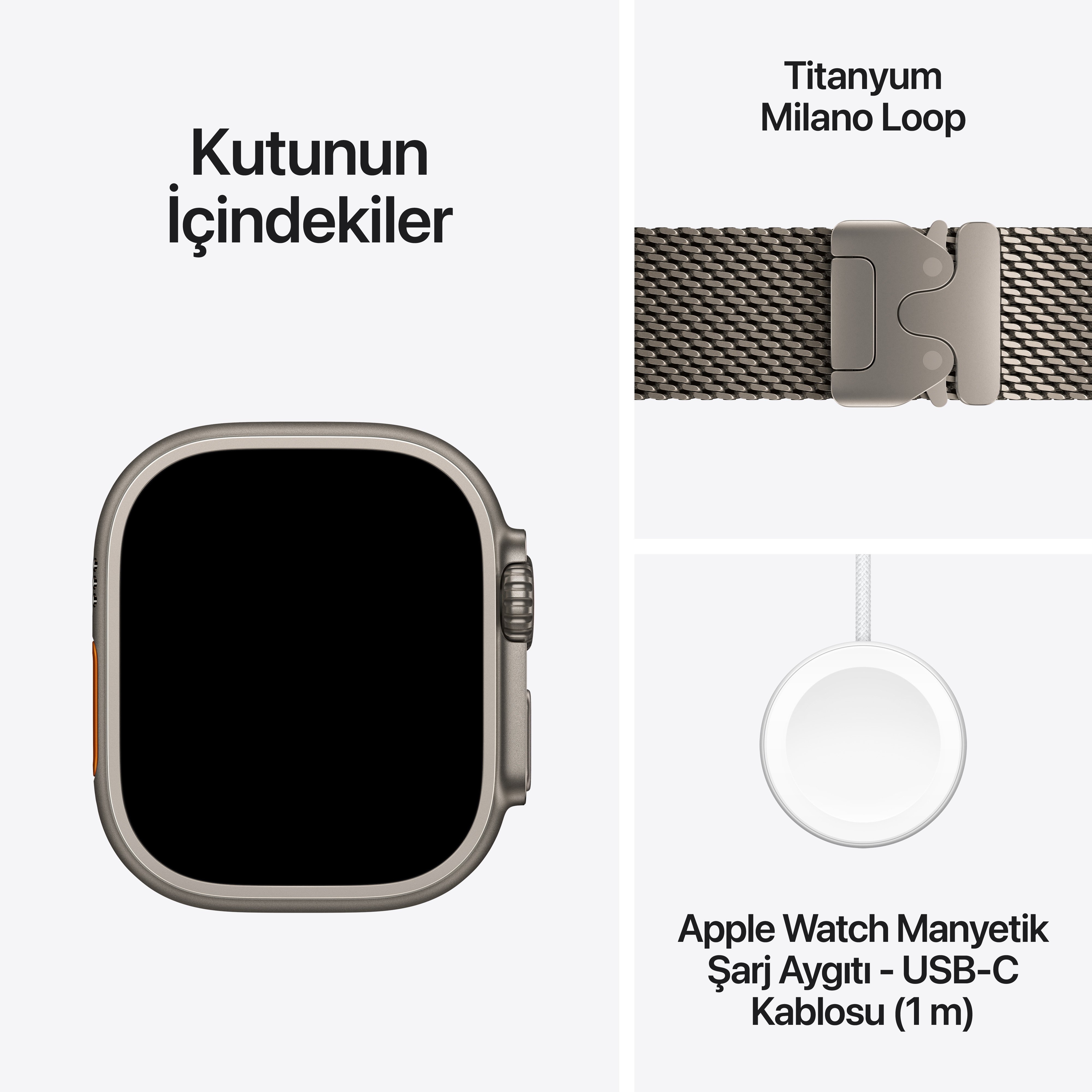 Apple Watch Ultra 4 GPS + Cellular 49mm Natürel Titanyum Kasa Natürel Titanyum Milano Loop Kutu İçeriği
