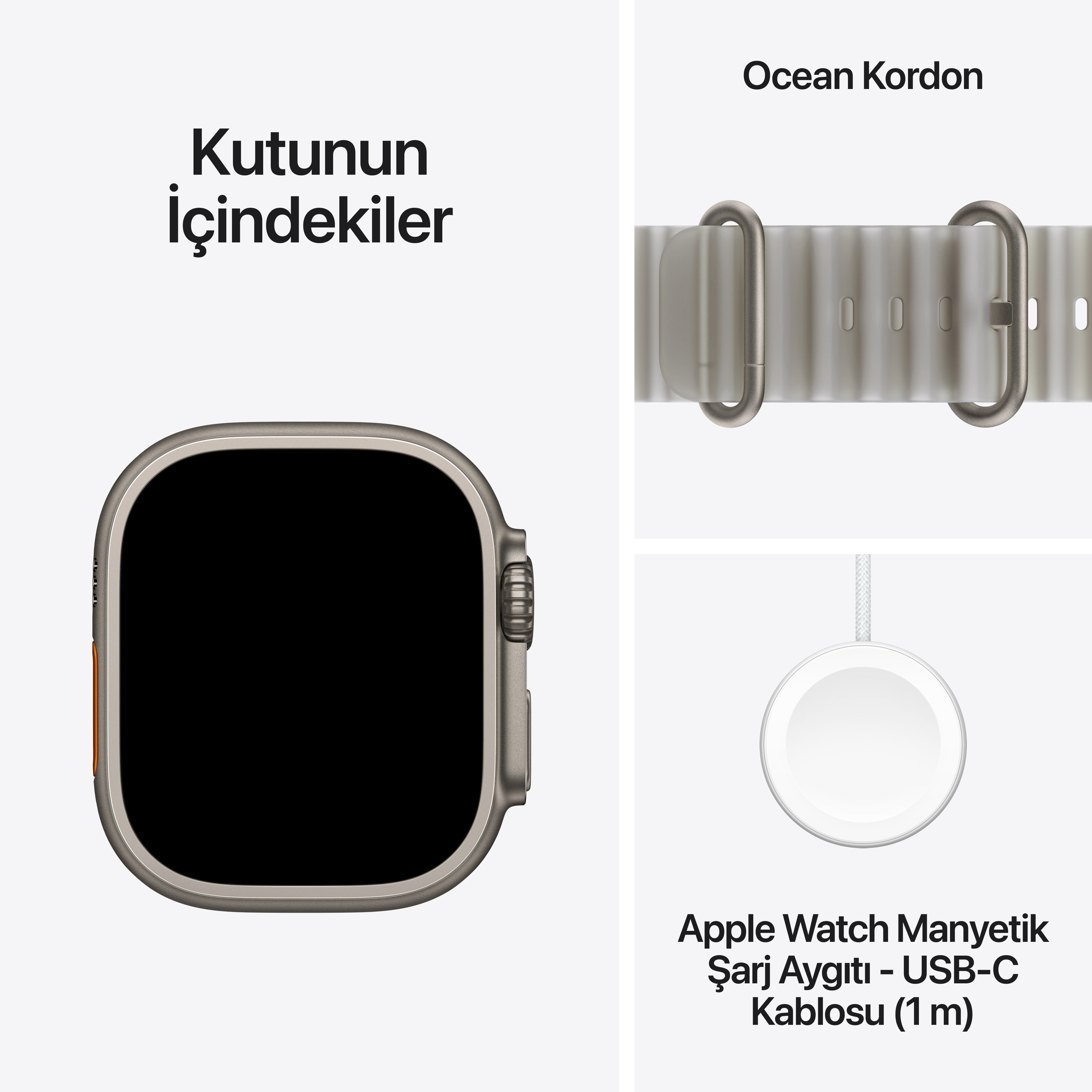 Apple Watch Ultra 4 GPS + Cellular 49mm Natürel Titanyum Kasa Buzlu Gri Ocean Kordon Kutu İçeriği