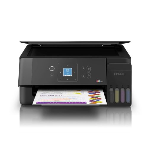 1. Epson EcoTank L3360 Fotokopi, Tarayıcı, Wi-Fi Mürekkep Tanklı Yazıcı C11CL63412 tarayıcı kapağı açık önden görünüm